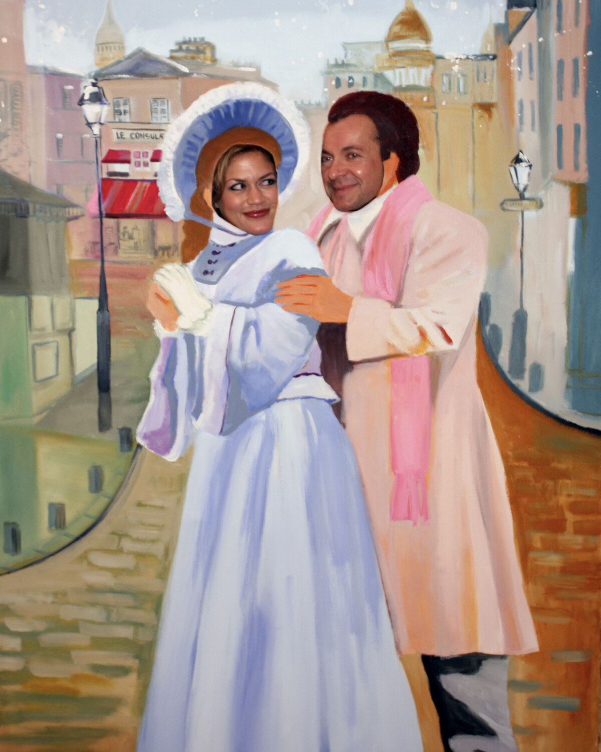 Face-in-hole photo board, French historical couple in cream and pink, by Maureen Fulgenzi
