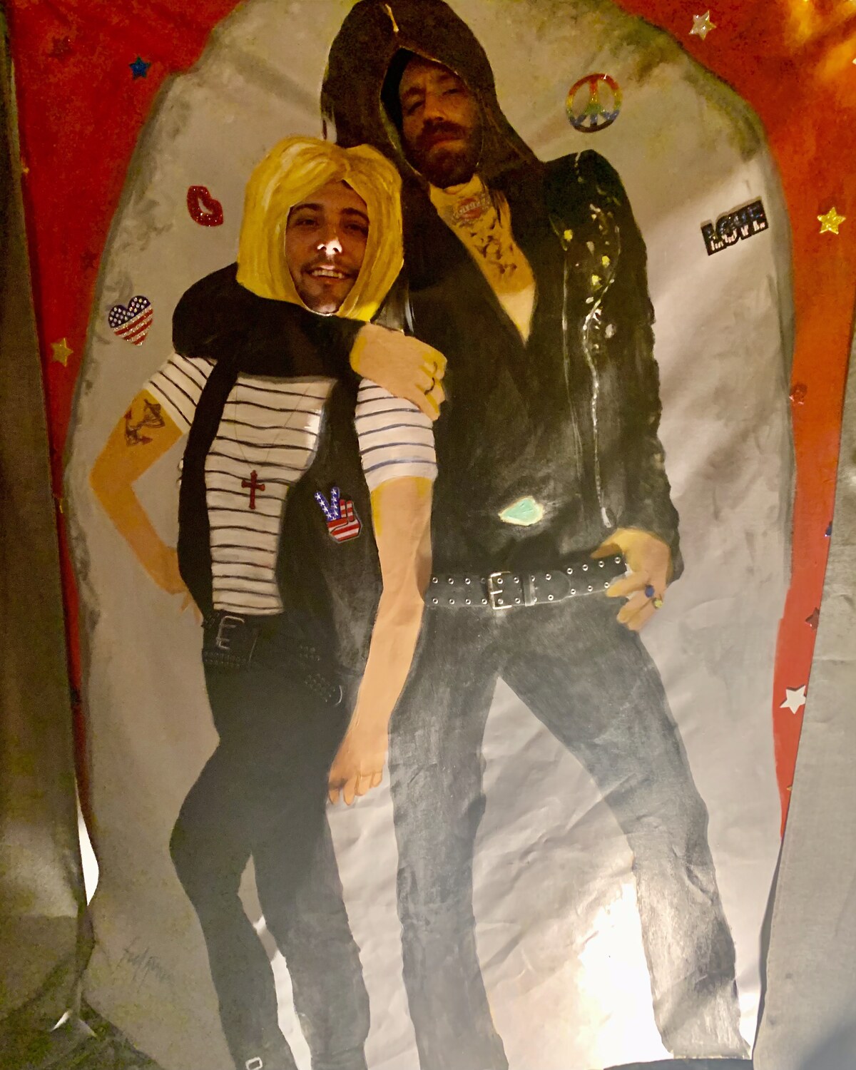 Face-in-hole photo board, rock and roll themed duo in black, white and red, by Maureen Fulgenzi