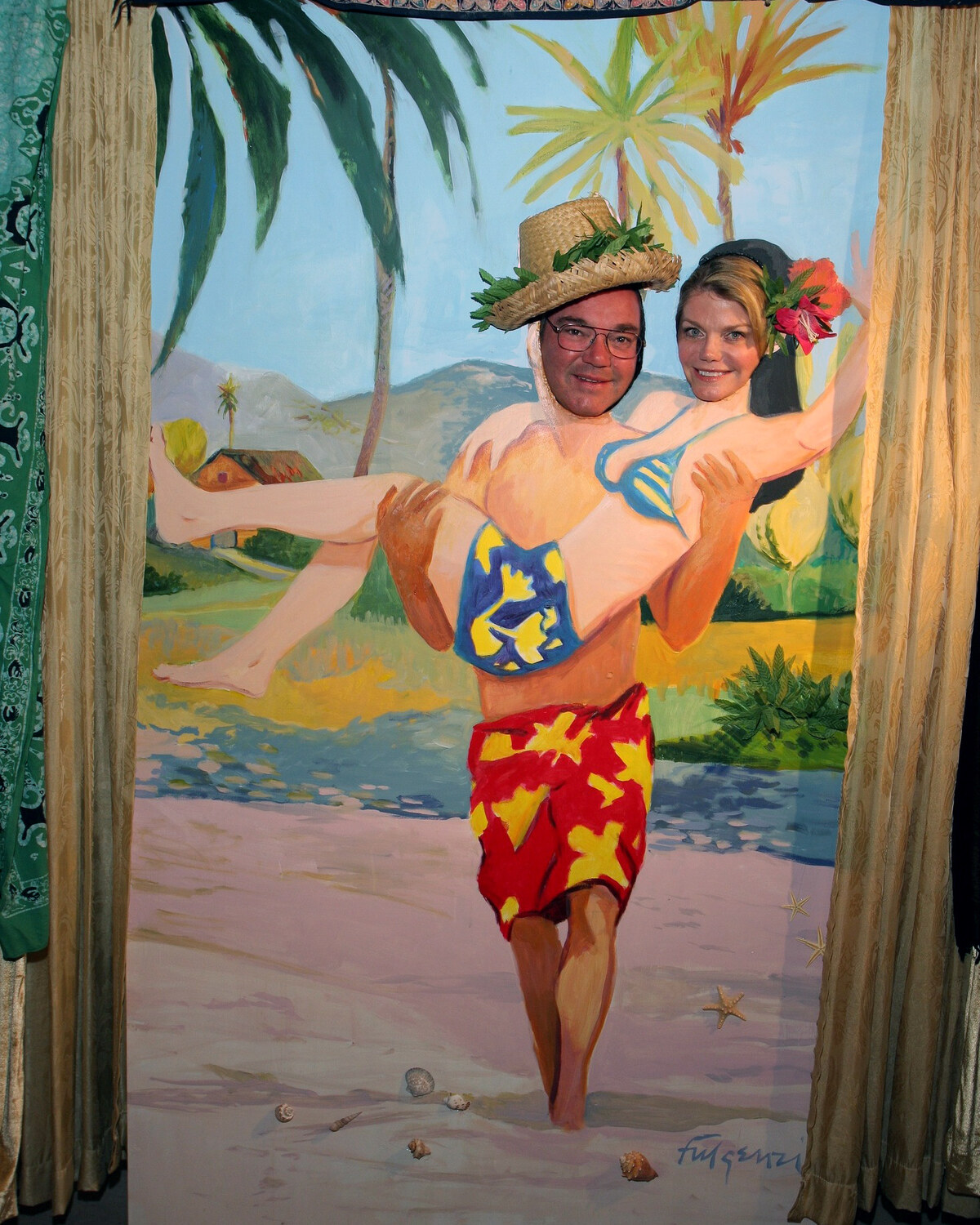 Face-in-hole photo board, tropical beach couple in vivid red and green, by Maureen Fulgenzi