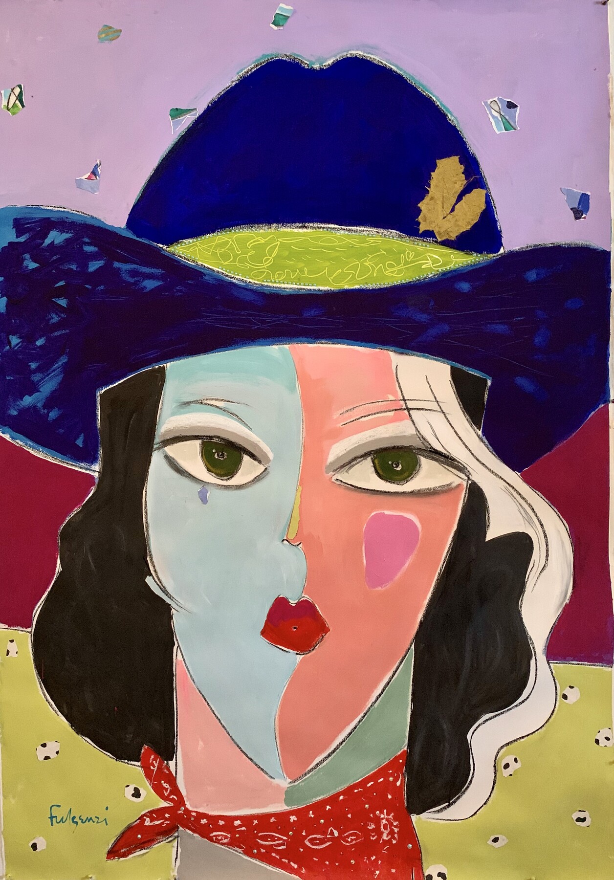 Bold abstract pop-art portrait painting, "A Bit of Country," by Maureen Fulgenzi — navy, coral and chartreuse palette, Palm Beach, FL