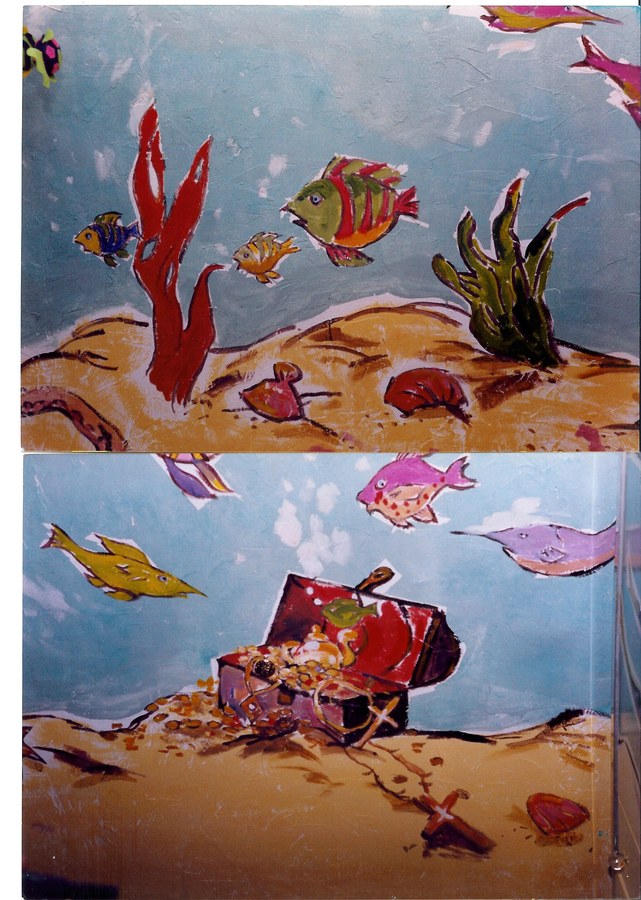 Wide view of the reef mural border wrapping a child's bedroom, Palm Beach, FL