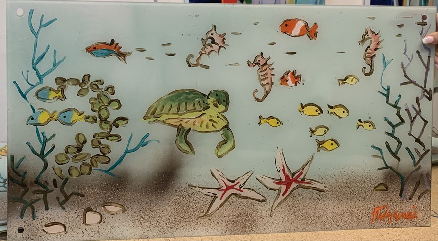Reef mural strip with sea turtle, seahorses and starfish, Palm Beach, FL