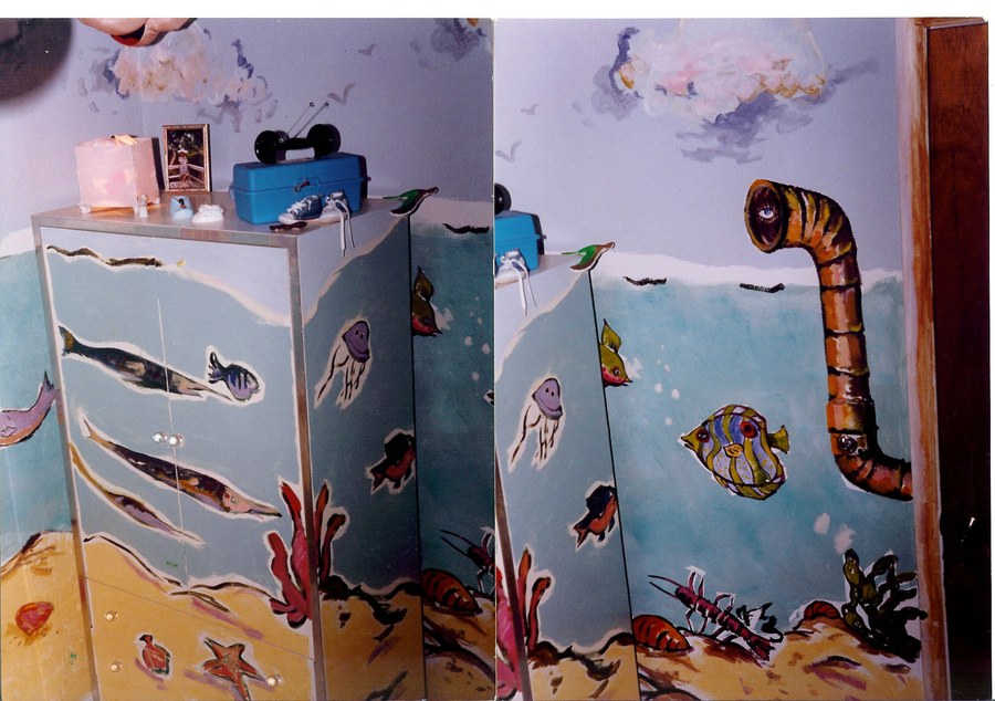 Reef mural painted on built-in shelving panels, Palm Beach, FL