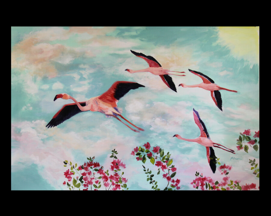 Watercolor Flamingos flying mural by Maureen Fulgenzi — Soft pastel palette, Palm Beach, FL