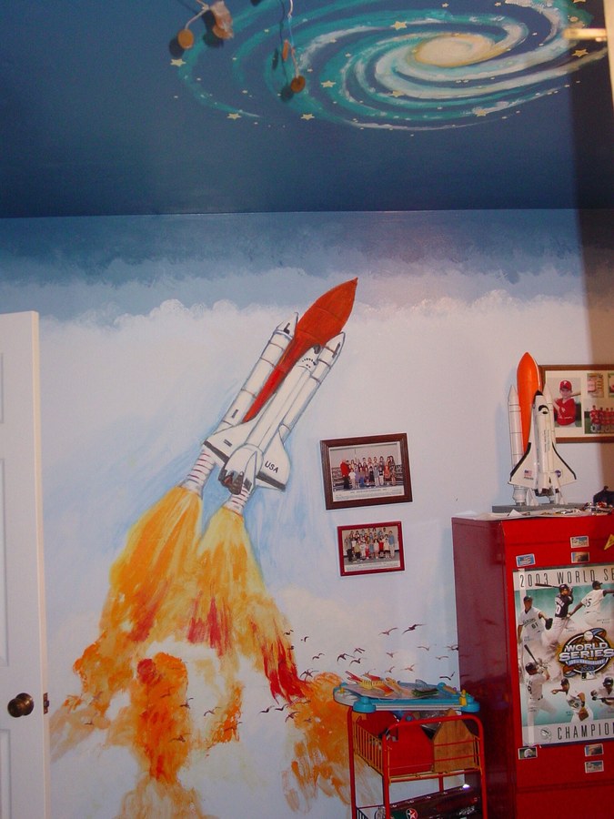 Rocket blasting off mural with galaxy swirl ceiling by Maureen Fulgenzi, Palm Beach, FL