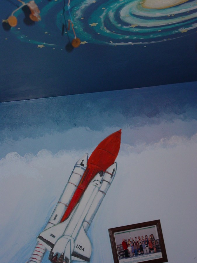 Rocket ship and galaxy swirl ceiling mural detail, Palm Beach, FL