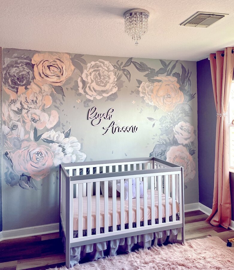 Watercolor Large roses mural by Maureen Fulgenzi — Soft palette, Palm Beach, FL