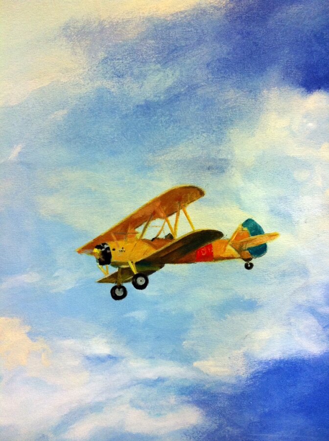 Cartoon airplanes and clouds mural by Maureen Fulgenzi — Navy palette, Palm Beach, FL