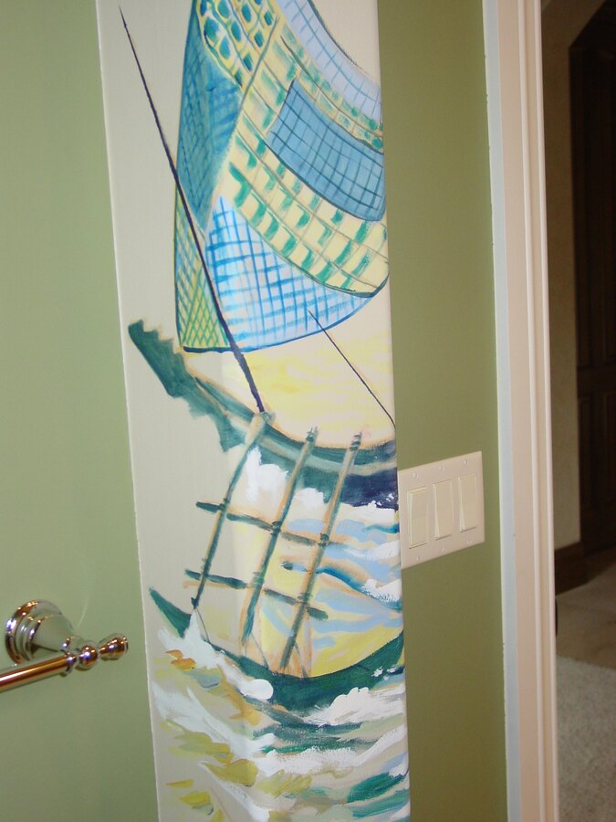 Watercolor Sailboat & kite mural by Maureen Fulgenzi — Soft pastel palette, Palm Beach, FL