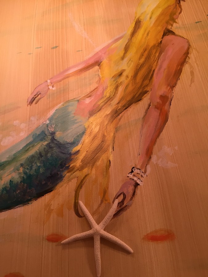 Golden-haired mermaid mural detail with starfish, Palm Beach, FL