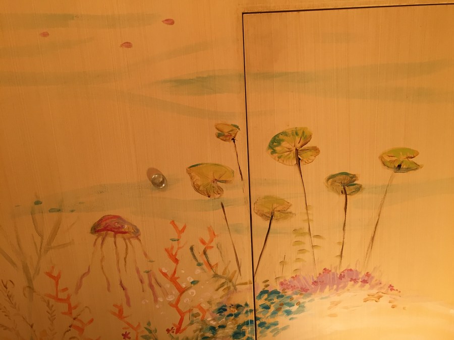 Lily pads and jellyfish mural detail beside a closet door, Palm Beach, FL