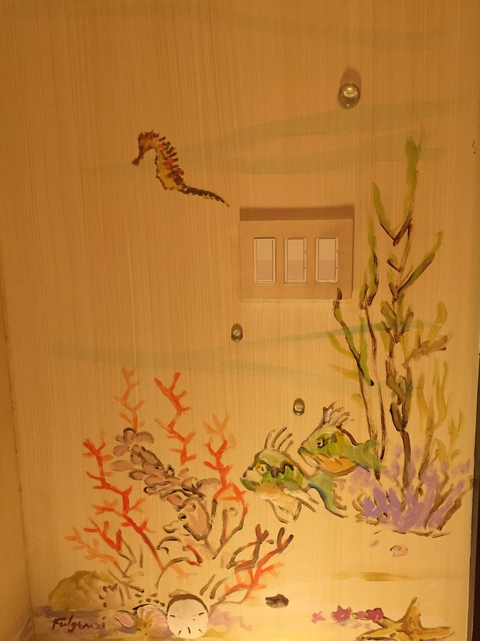 Seahorse and coral reef mural detail near a window, Palm Beach, FL
