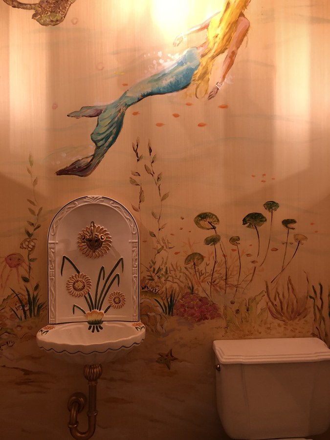 Mermaid diving mural above a pedestal sink and toilet, Palm Beach, FL