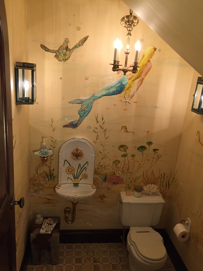 Mermaid mural on the sloped ceiling above a powder room sink, Palm Beach, FL