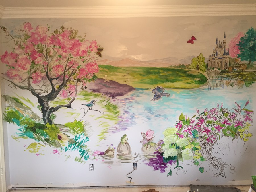 Cherry blossom tree, lily pond and fairytale castle mural by Maureen Fulgenzi, Palm Beach, FL