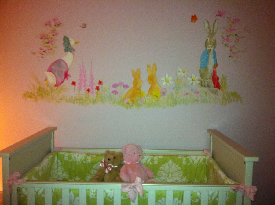 Whimsical Bunnies (Peter Rabbit) mural by Maureen Fulgenzi — Soft pastel palette, Palm Beach, FL