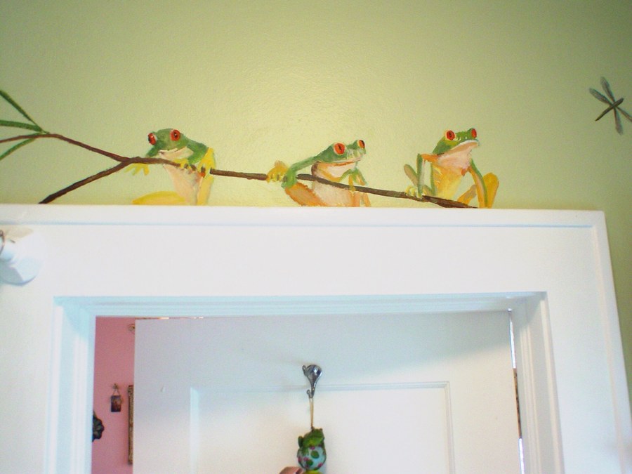 Tree frogs on a branch mural painted above a doorway with dragonflies by Maureen Fulgenzi, Palm Beach, FL