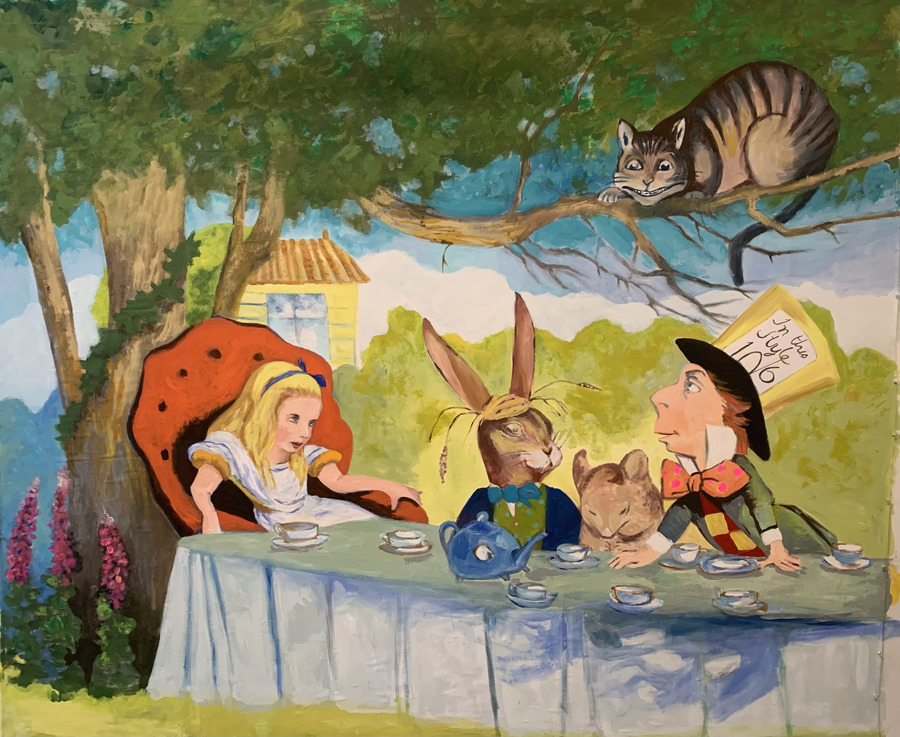 Whimsical Alice in Wonderland tea party mural backdrop by Maureen Fulgenzi, painted for a charity event, Palm Beach, FL