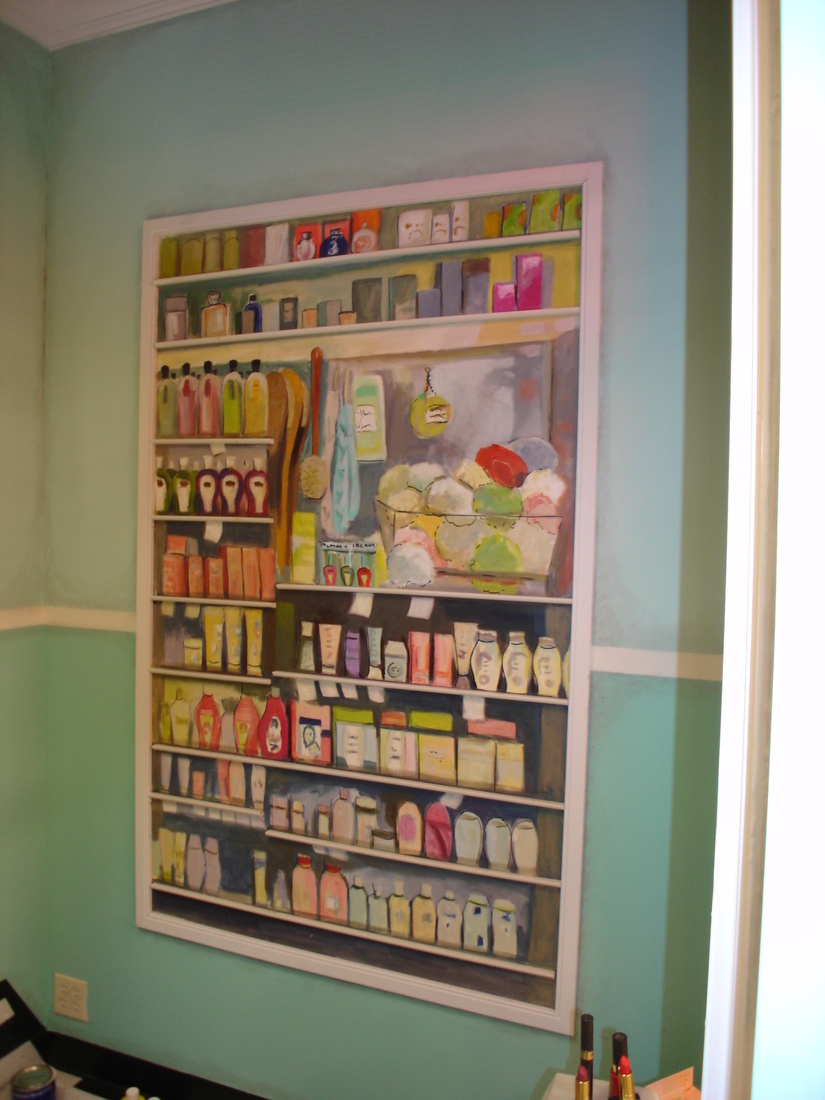 Close-up of pharmacy interior mural shelved product display, car museum backdrop, Palm Beach, FL