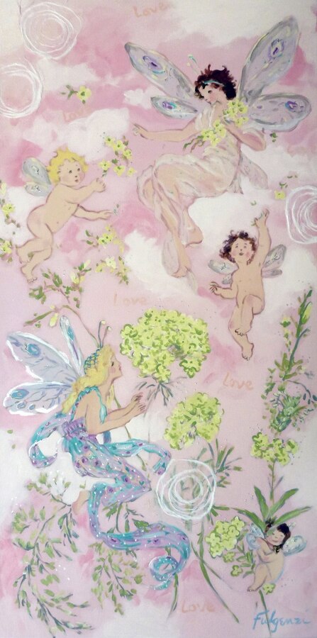 Whimsical Fairies & cherubs among clouds mural by Maureen Fulgenzi — Soft pink pastel palette, Palm Beach, FL