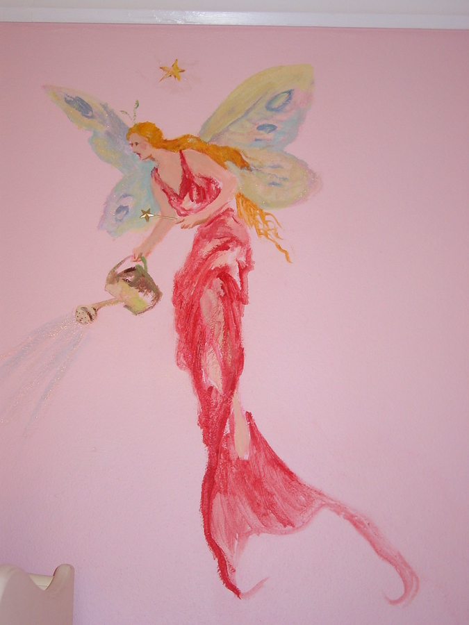 Watercolor fairy in red gown watering flowers, close-up mural detail by Maureen Fulgenzi, Palm Beach, FL
