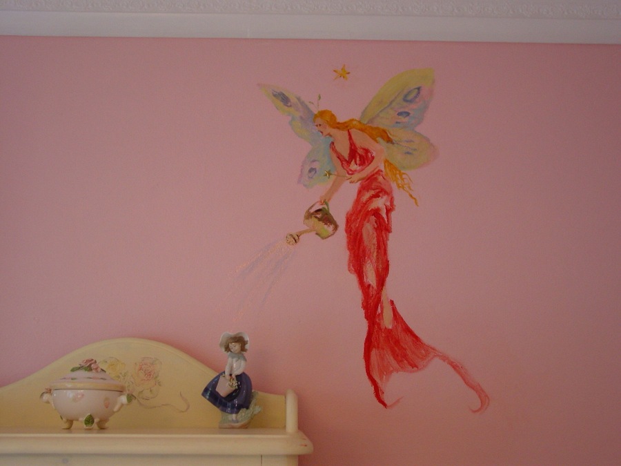 Wide view of red fairy mural above a painted vanity dresser, Palm Beach, FL