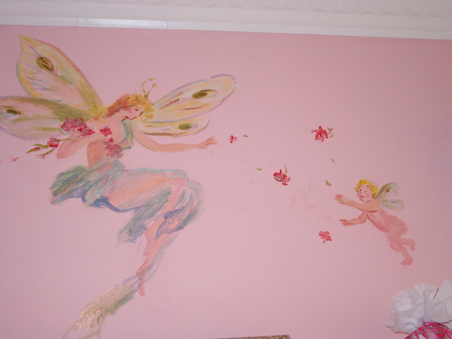 Winged fairy in flight scattering flower petals across a pink nursery wall, Palm Beach, FL
