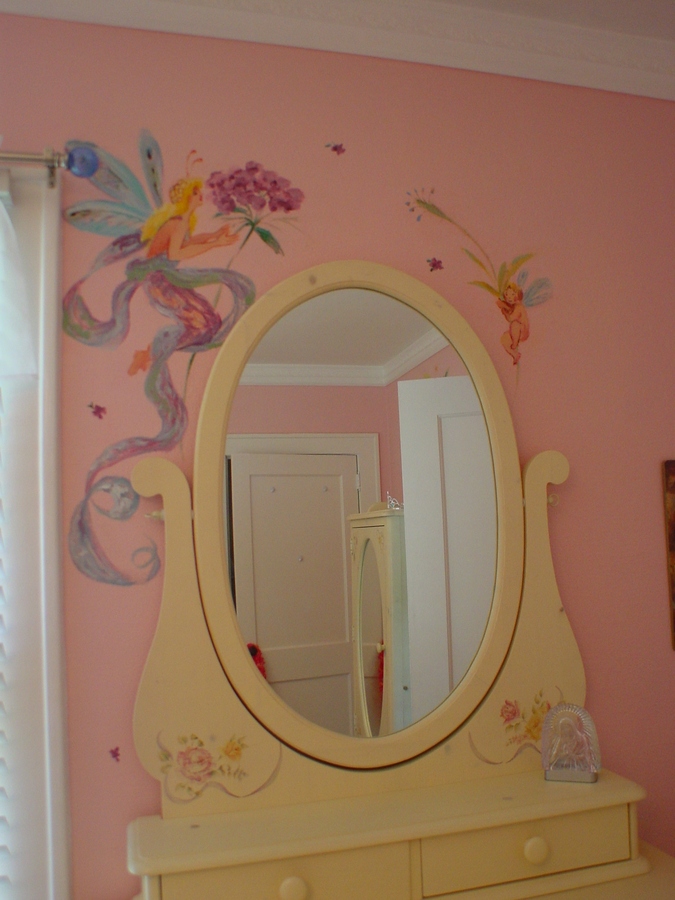 Fairy and vine detail painted around a dresser mirror frame, Palm Beach, FL