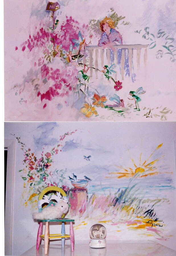 Watercolor Fairy garden with birds & florals mural by Maureen Fulgenzi — Soft pastel palette, Palm Beach, FL