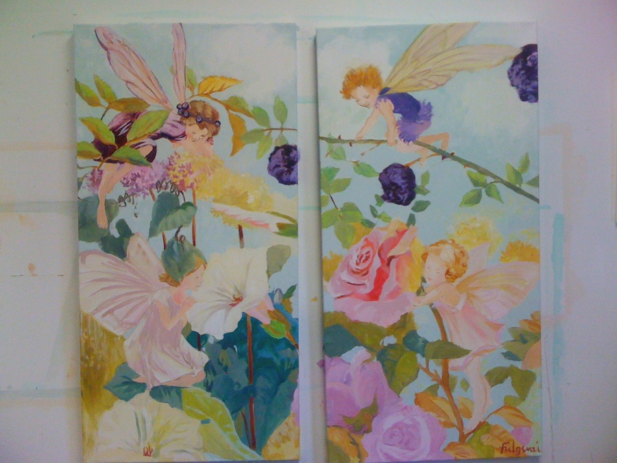 Two-panel painted diptych mural of fairies among roses and hibiscus flowers, wide view, by Maureen Fulgenzi, Palm Beach, FL