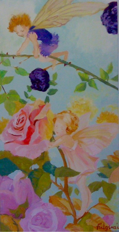 Fairy figure perched on a branch above pink roses, close-up mural detail, Palm Beach, FL
