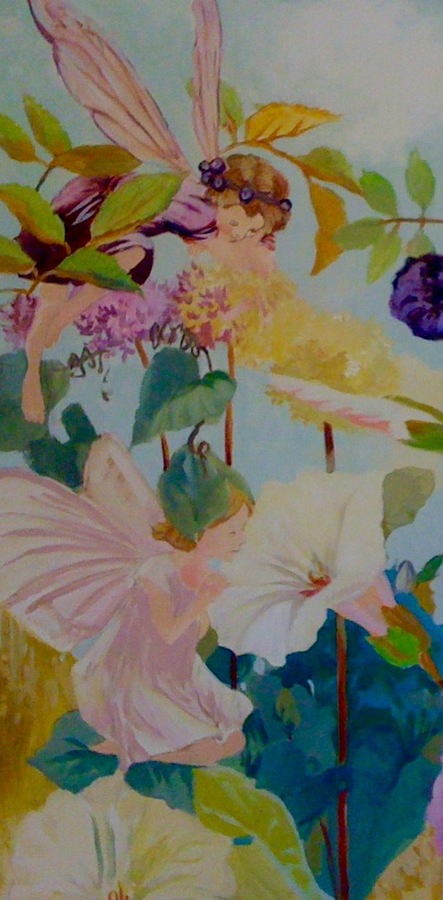 Fairy figure among pink roses and white hibiscus blooms, close-up mural detail, Palm Beach, FL
