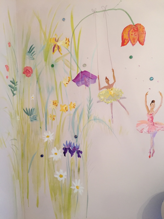 Ballerina figures in pink and purple tutus dancing among tall grass and flowers, corner mural view, Palm Beach, FL