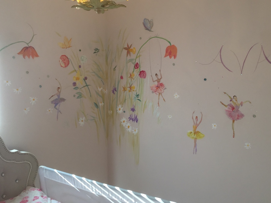 Wide room view of the full ballerina and flower mural above a child's bed, Palm Beach, FL