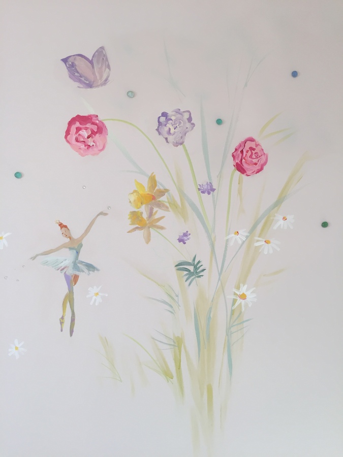 Ballerina in blue tutu dancing beneath daisies and pink blooms, close-up mural detail, Palm Beach, FL