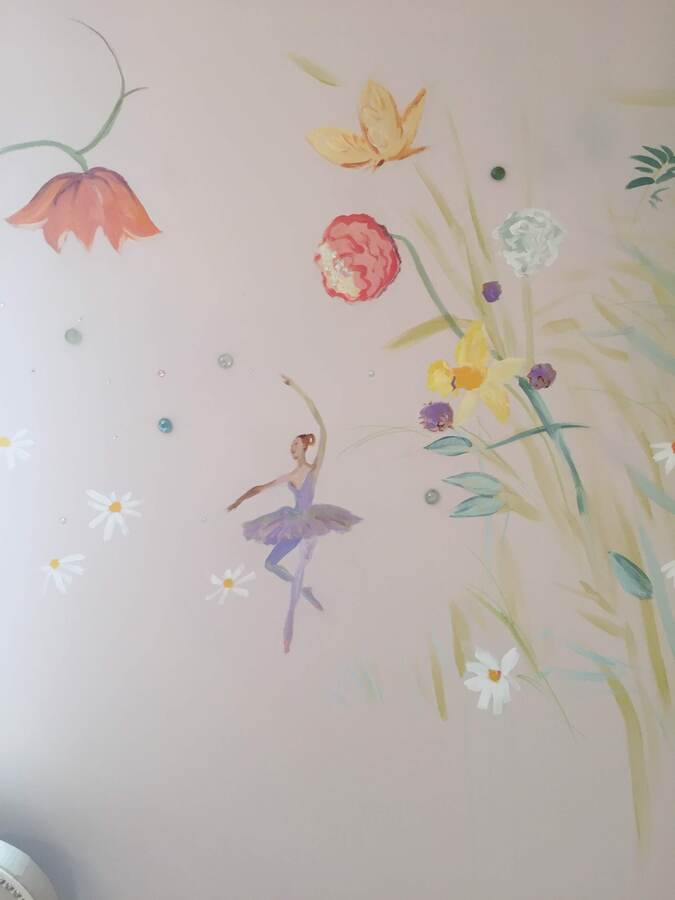 Ballerina in purple tutu among orange and yellow blossoms, close-up mural detail, Palm Beach, FL