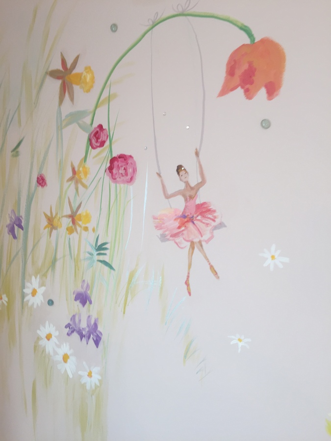 Ballerina in pink tutu reaching toward a large orange tulip bloom, close-up mural detail, Palm Beach, FL