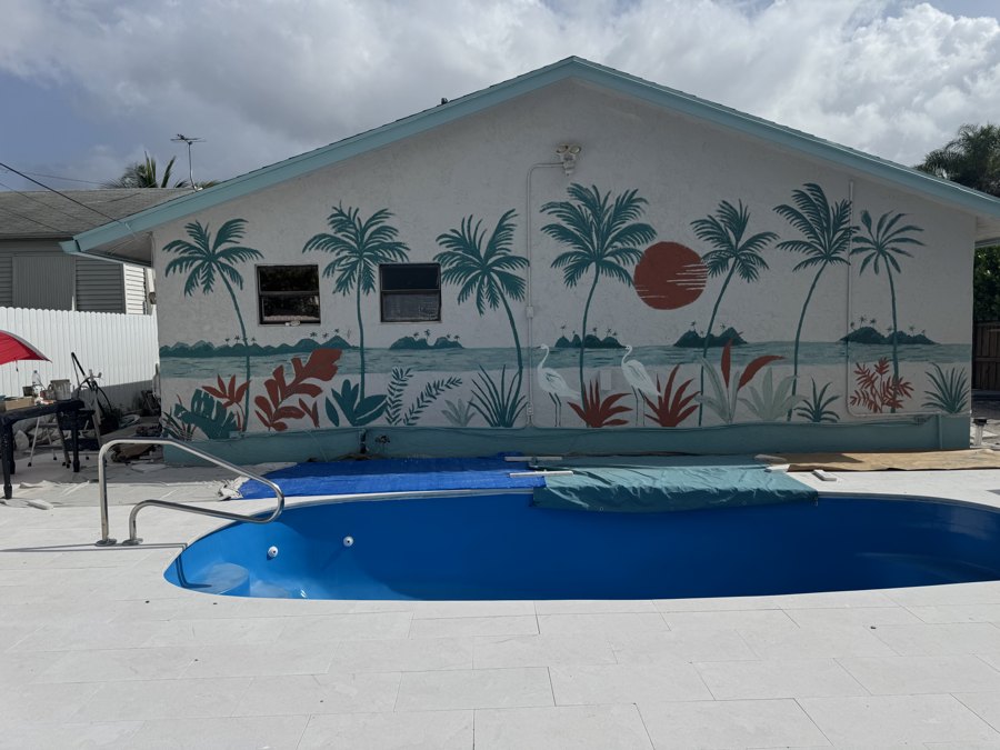 Painterly Palms & pool scene mural by Maureen Fulgenzi — Tropical greens & blue palette, Palm Beach, FL