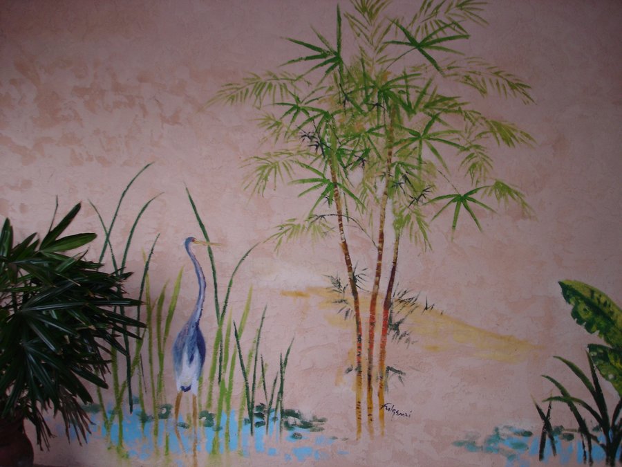 Painted blue heron and bamboo, second section of the same exterior wall mural, Palm Beach, FL