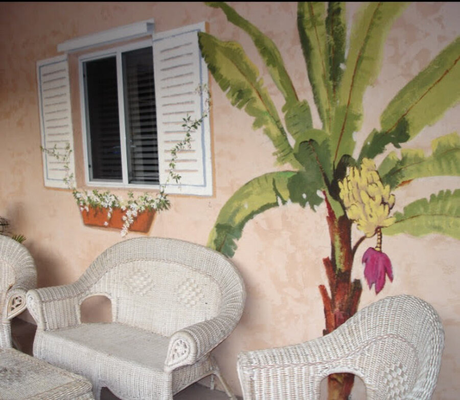 Painterly Banana tree & foliage mural by Maureen Fulgenzi — Green tropical palette, Palm Beach, FL