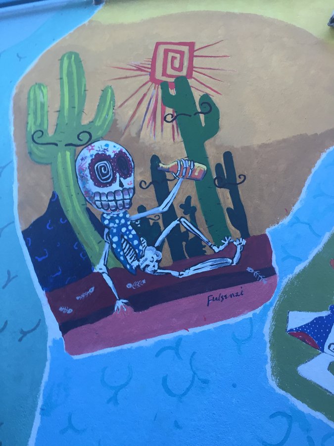 Full toasting skeleton and cactus scene, alternate crop, exterior terrace mural, Palm Beach, FL