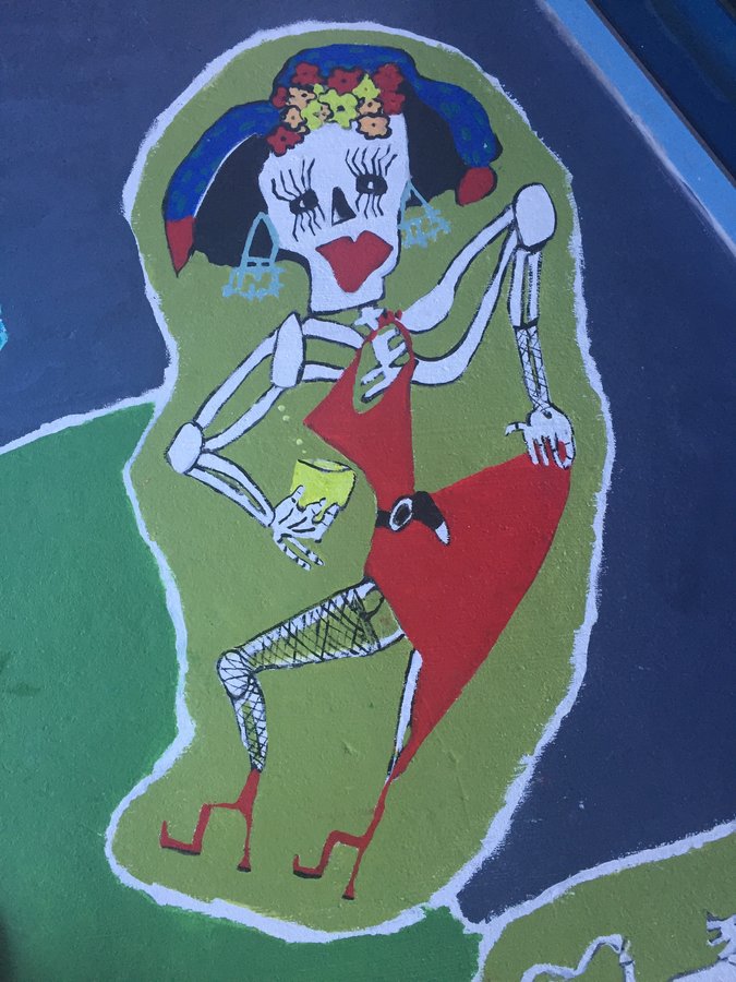 Skeleton couple dancing in a red dress, second full vignette view, exterior terrace mural, Palm Beach, FL
