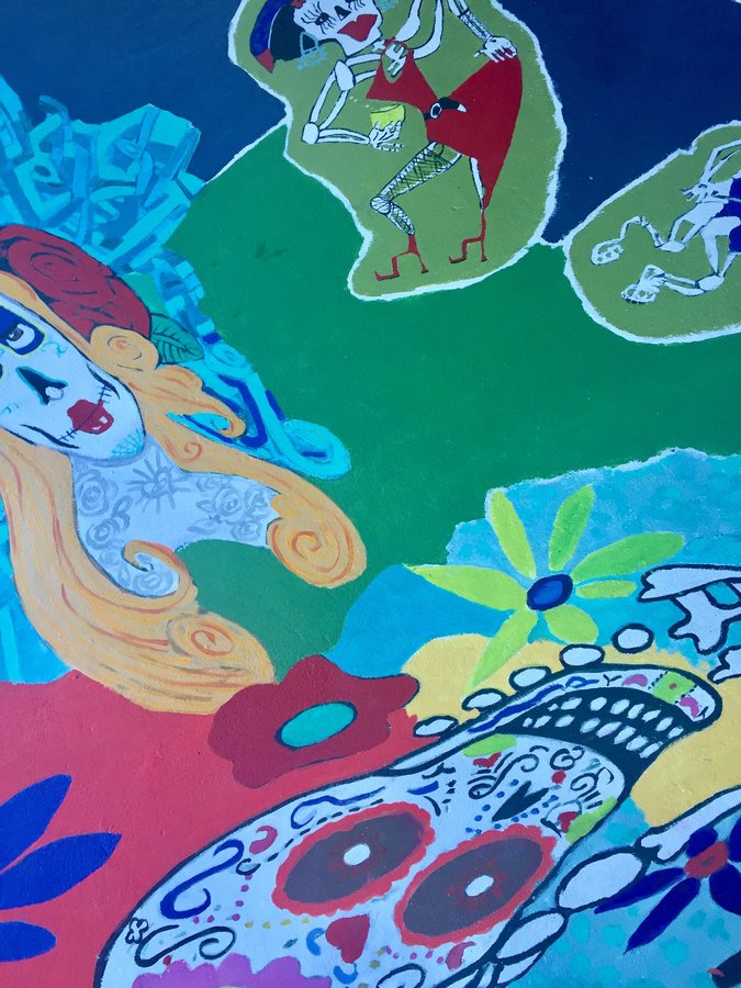 Wide view of the dancing-couple and running-figure vignettes together, exterior terrace mural, Palm Beach, FL