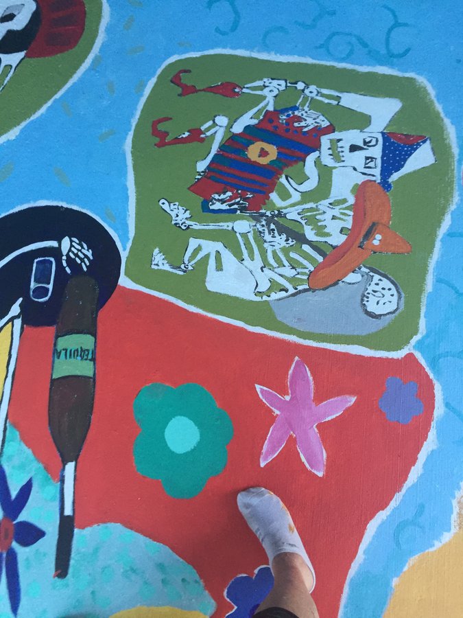 Mariachi skeleton figure vignette with tequila bottle detail, exterior terrace mural, Palm Beach, FL