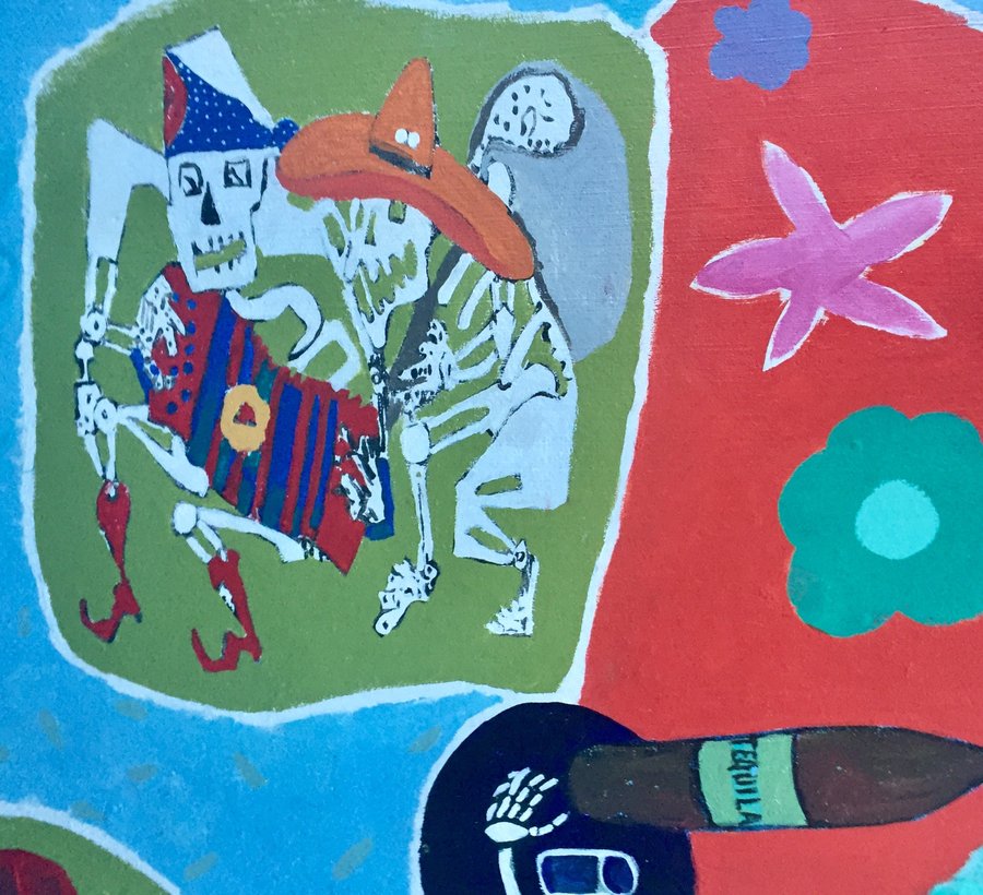 Mariachi skeleton figure vignette, alternate crop with tequila bottle, exterior terrace mural, Palm Beach, FL