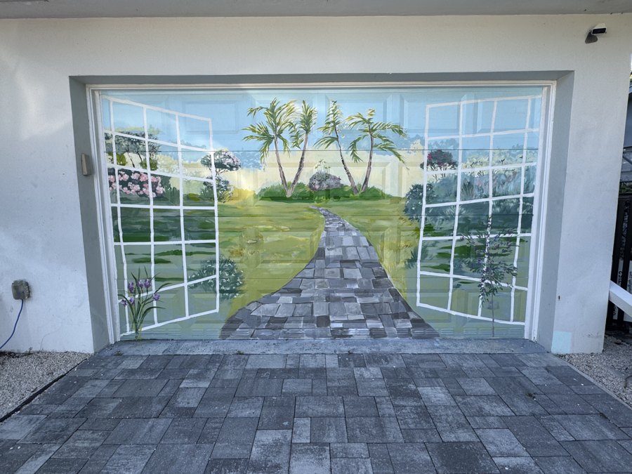 Trompe l'oeil Trompe garage & pathway mural by Maureen Fulgenzi — Naturalistic palette, Palm Beach, FL