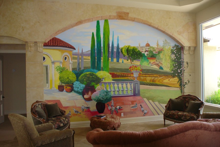 Trompe l'oeil Tuscan village mural in an arched wall niche by Maureen Fulgenzi — Warm palette, Palm Beach, FL