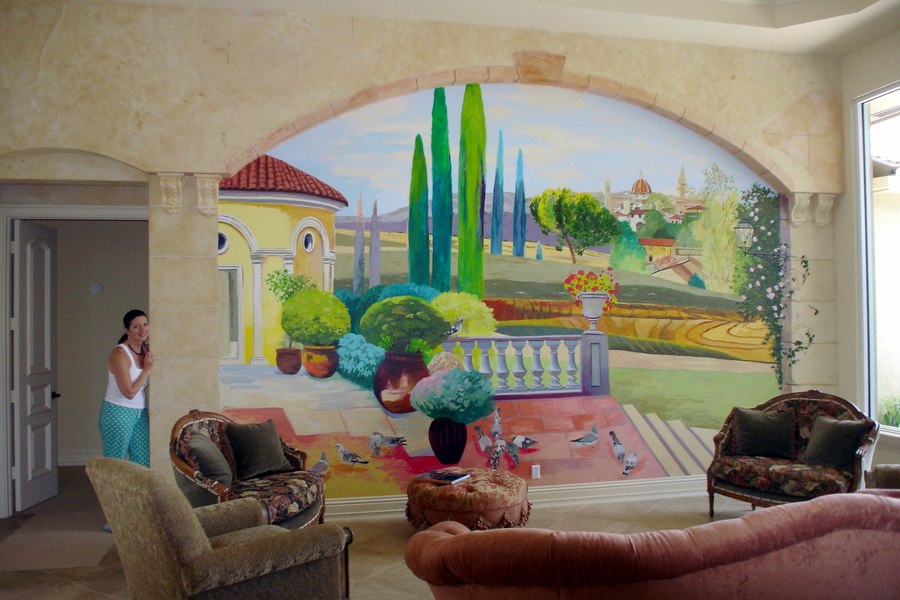 Tuscan village mural room view with seating, Palm Beach, FL