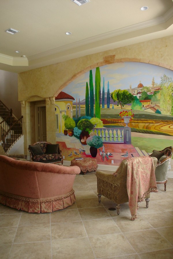 Tuscan village mural wide room view showing full arch and staircase, Palm Beach, FL