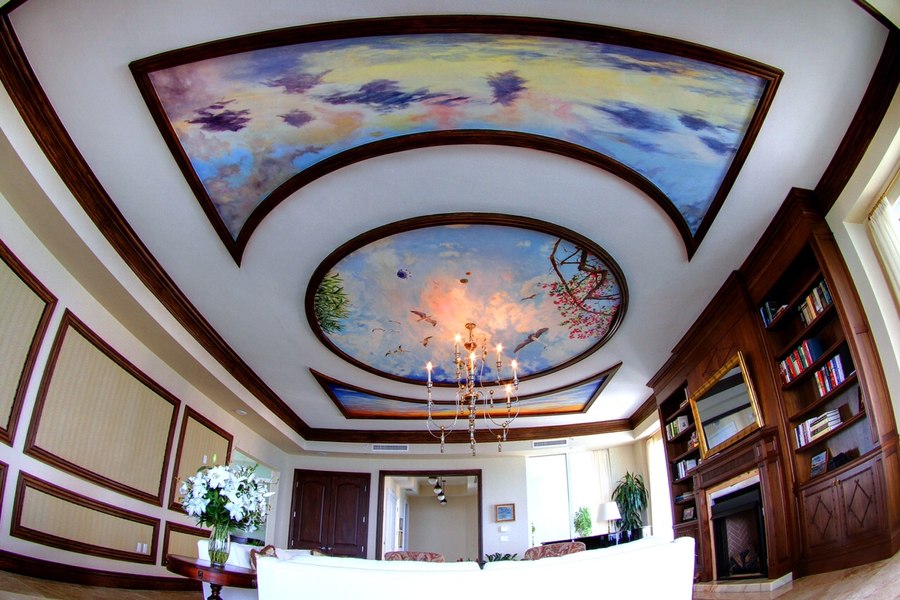 Trompe l'oeil sky ceiling mural with heron medallion by Maureen Fulgenzi — Soft blue palette, Palm Beach, FL